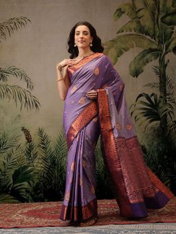 Silk Land - Purple Banarasi Copper Zari Woven Saree with Unstitched Blouse