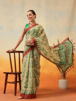 Silk Land - Floral Printed Pre-Draped Saree with Unstitched Blouse