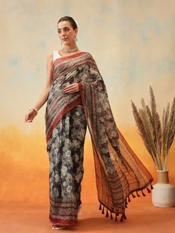 Silk Land - Black Floral Printed Pre-Draped Saree with Unstitched Blouse