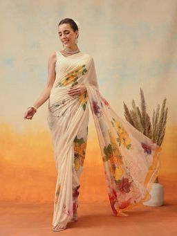Silk Land - Chiffon Blend Floral Printed Pre-Draped Saree with Unstitched Blouse