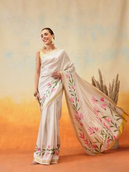 Silk Land - Off White Onam Special Silk Pre-Draped Saree with Unstitched Blouse