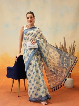 Silk Land - Chanderi Kalamkari Printed Indigo Pre-Draped Saree with Unstitched Blouse