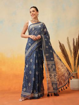 Silk Land - Blue Floral Printed Pre-Draped Saree with Unstitched Blouse