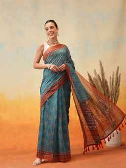 Silk Land - Floral Printed Pre-Draped Saree with Unstitched Blouse