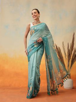 Silk Land - Floral Printed Pre-Draped Saree with Unstitched Blouse