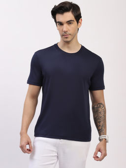 Global Republic - Cotton Blend Solid Navy Blue Crew Neck T-Shirt