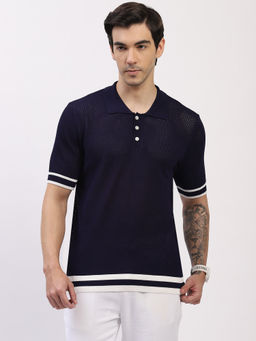Global Republic - Cotton Blend Woven Navy Blue Polo T-Shirt