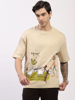 Global Republic - Cotton Terry Quirky Print Beige Crew Neck T-Shirt