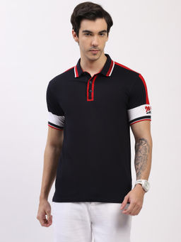 Global Republic - Cotton Spandex Navy Blue Color block Polo T-Shirt