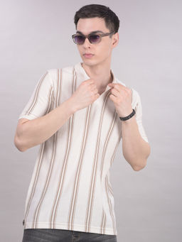 CRIMSOUNE CLUB - Men Cream Vertical Stripes Polo T-Shirt