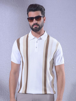 CRIMSOUNE CLUB - Men Off White Vertical Stripes Cotton Polo Neck T-Shirt