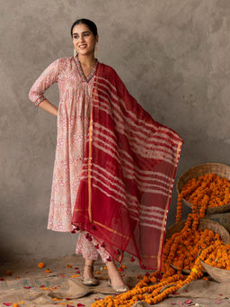 Akiso - Red Cotton Chanderi Leheriya Dupatta