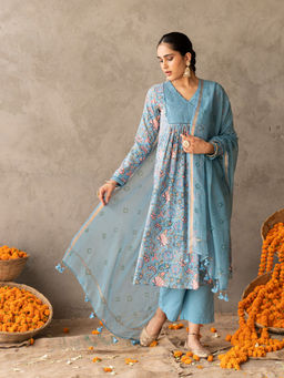 Akiso - Blue Block with Yoke & Sleeve Detailed A Line Suit with Dupatta (Set of 3)