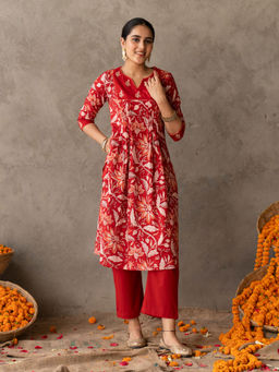Akiso - Red Block Printed Gathered Detail Kurta with V Neck