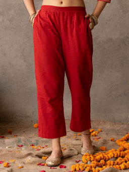Akiso - Solid Red Cotton Straight Pants
