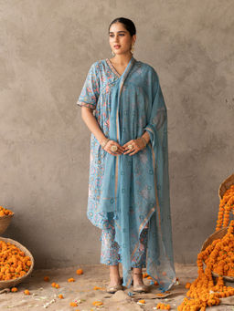 Akiso - Blue Block A Line with Hand Embroidery Detailed Suit with Dupatta (Set of 3)