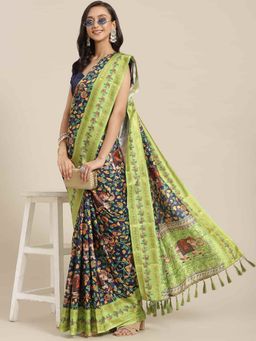 Silk Land - Banarasi Art Silk Floral Printed Saree with Unstitched Blouse Piece Navy Blue