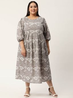 theRebelinme - Womens Grey Monotone Floral Printed Front-pleated A-line Midi Dress