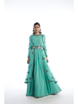 Vvani by Vani Vats - Dull Mint Chiffon Anarkali Kurta & Dupatta (Set of 2)