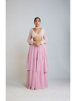 Vvani by Vani Vats - Powder Pink Pearl Drop Full Sleeve Blouse with Sharara & Dupatta (Set of 3)