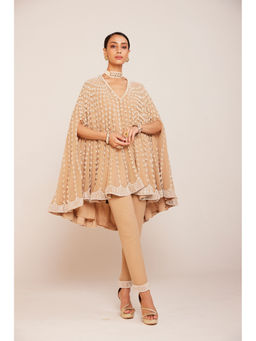 Vvani by Vani Vats - Pearl Embellished Beige Asymmetrical Cape Paired with Pant (Set of 2)