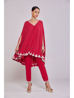 Vvani by Vani Vats - Pearl Embellished Crimson Red Asymmetrical Cape Paired with Pant (Set of 2)