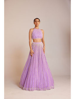 Vvani by Vani Vats - Lilac Chandelier Skirt Paired with Halter Neck Drop Crop Top (Set of 2)