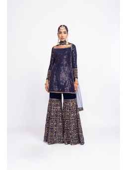 Vvani by Vani Vats - Navy Blue Kurti with Sharara & Dupatta (Set of 3)