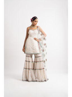 Vvani by Vani Vats - White Multi Tier Multi Color Kurti with Sharara & Dupatta (Set of 3)