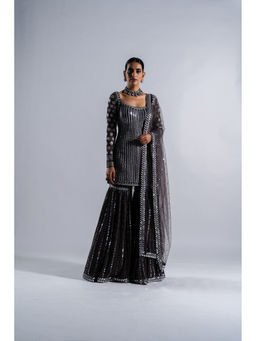 Vvani by Vani Vats - Charcoal Grey Kurti with Sharara & Dupatta (Set of 3)