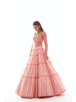 Vvani by Vani Vats - Pink Applique Tier Blouse with Lehenga & Dupatta (Set of 3)