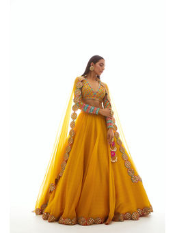 Vvani by Vani Vats - Mustard Applique Blouse with Lehenga & Dupatta (Set of 3)
