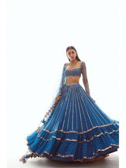 Vvani by Vani Vats - Teal Linear Drop Blouse with Lehenga & Dupatta (Set of 3)