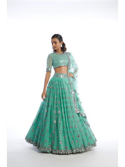 Vvani by Vani Vats - Dull Mint Kinfe Pleated Blouse with Lehenga & Dupatta (Set of 3)
