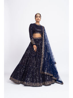 Vvani by Vani Vats - Navy Blue Dense Dot Blouse with Lehenga & Dupatta (Set of 3)