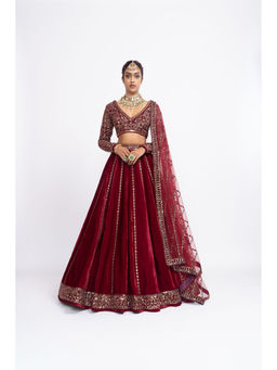 Vvani by Vani Vats - Maroon Blouse with Lehenga & Dupatta (Set of 3)