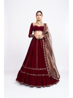 Vvani by Vani Vats - Maroon Double Tier Blouse with Lehenga & Dupatta (Set of 3)