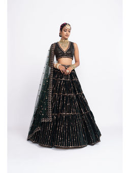 Vvani by Vani Vats - Deep Green Full Tier Blouse with Lehenga & Dupatta (Set of 3)