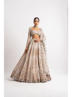 Vvani by Vani Vats - White Heavy Multi Geo Color Blouse with Lehenga & Dupatta (Set of 3)