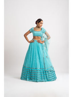 Vvani by Vani Vats - Mint Blue Single Tier Blouse with Lehenga & Dupatta (Set of 3)