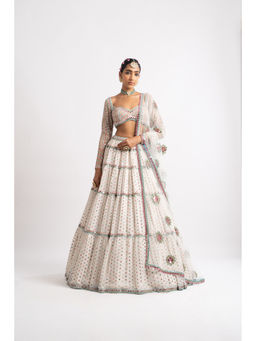 Vvani by Vani Vats - White Multi Tier Blouse with Lehenga & Dupatta (Set of 3)