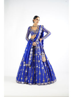 Vvani by Vani Vats - Royal Blue Big Flower Linear Blouse with Lehenga & Dupatta (Set of 3)