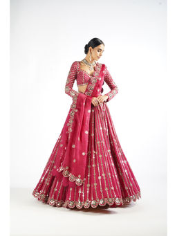 Vvani by Vani Vats - Mellow Pink Small Flower Linear Blouse with Lehenga & Dupatta (Set of 3)