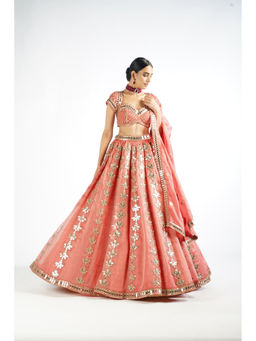 Vvani by Vani Vats - Mellow Rose Chandelier Drop Blouse with Lehenga & Dupatta (Set of 3)
