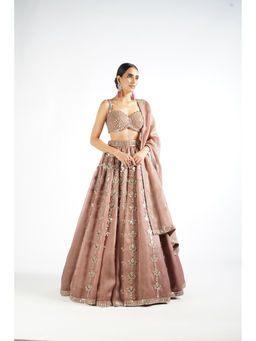 Vvani by Vani Vats - Deep Beige Chandelier Drop Blouse with Lehenga & Dupatta (Set of 3)