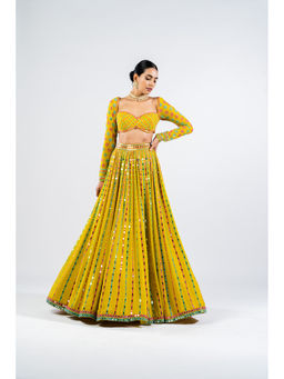 Vvani by Vani Vats - Moss Green Linear Drop Blouse with Lehenga & Dupatta (Set of 3)