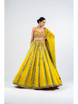 Vvani by Vani Vats - Moss Green Mirror Seam Blouse with Lehenga & Dupatta (Set of 3)