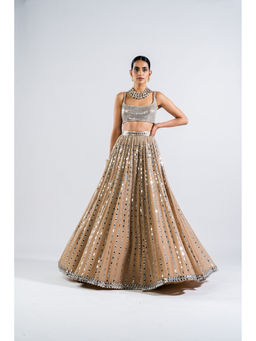 Vvani by Vani Vats - Beige Linear Drop Lehenga with Metallic Blouse & Dupatta (Set of 3)
