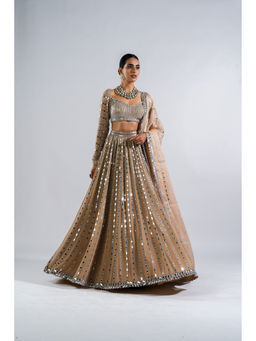 Vvani by Vani Vats - Beige Linear Drop Blouse with Lehenga & Dupatta (Set of 3)