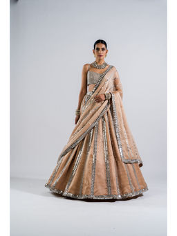 Vvani by Vani Vats - Beige Mirror Seam Blouse with Lehenga & Dupatta (Set of 3)